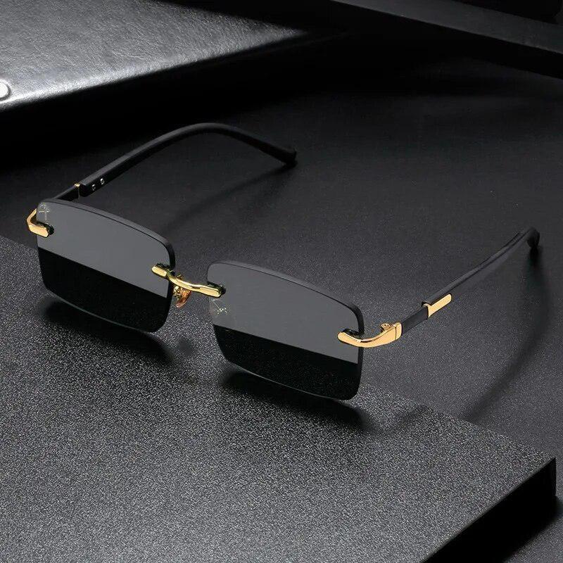 Rimless Rectangular Sunglasses with Black Temples and Gold Accents + Dual Tone Steel Cable Cuff Bracelet with Gold Lion Heads