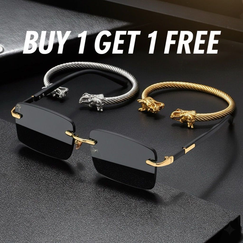 Rimless Rectangular Sunglasses with Black Temples and Gold Accents + Dual Tone Steel Cable Cuff Bracelet with Gold Lion Heads