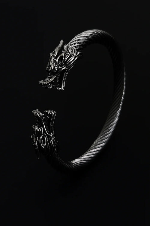 Dual Tone Steel Cable Cuff Bracelet with Gold Lion Heads